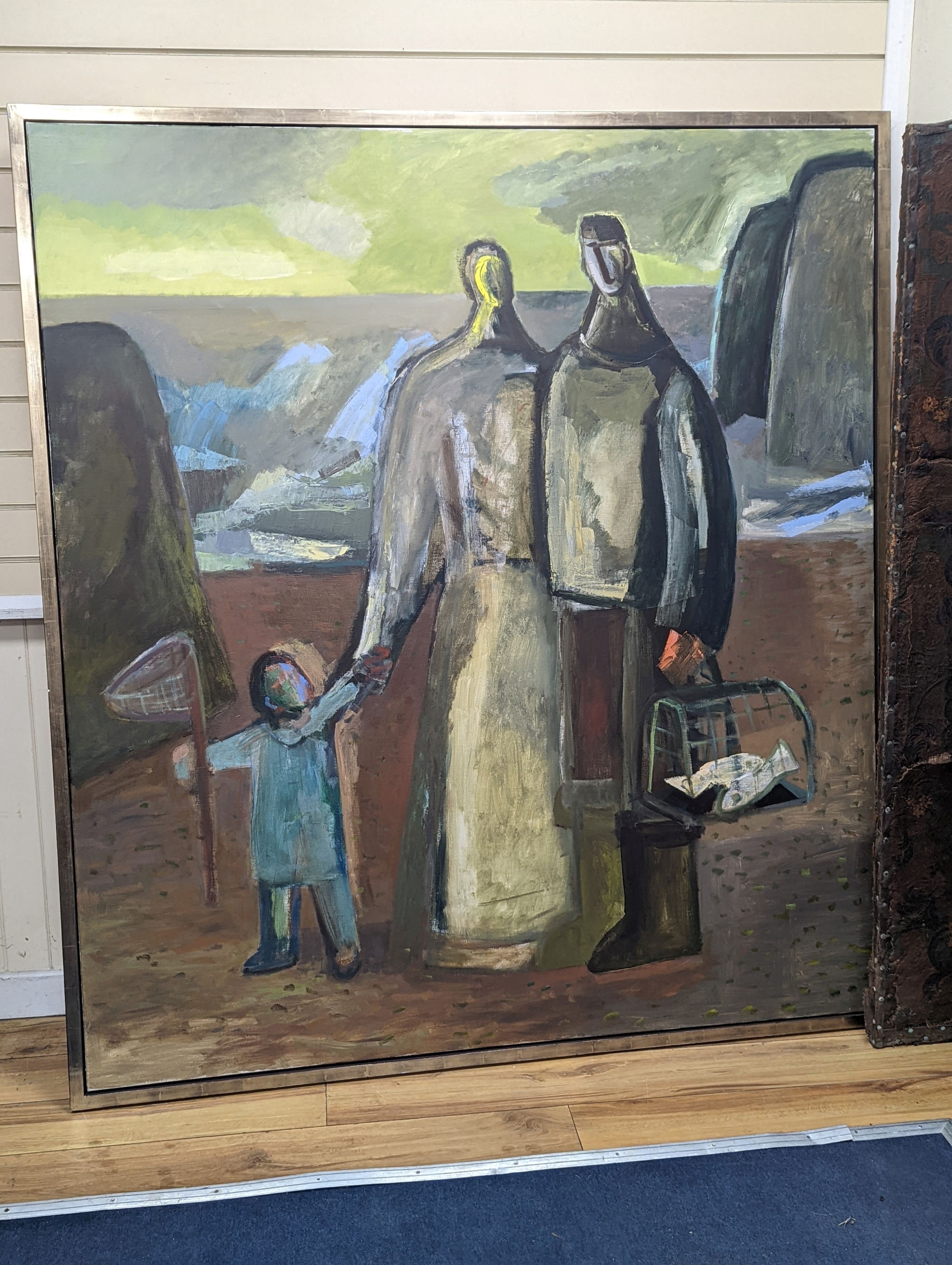 Davina Jackson (Contemporary), oil on canvas, 'The Fisherman's Family I', Boundary Gallery label verso dated 2002, 172 x 152cm